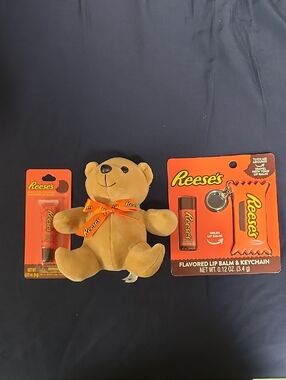 Reese's Package- Ribbon Plush Teddy Bear – Lip Gloss And Lip Balm Keychain Nwt